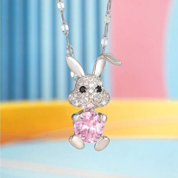 Silver and Pink Easter Bunny Pendant Necklace - Picture 2 of 10